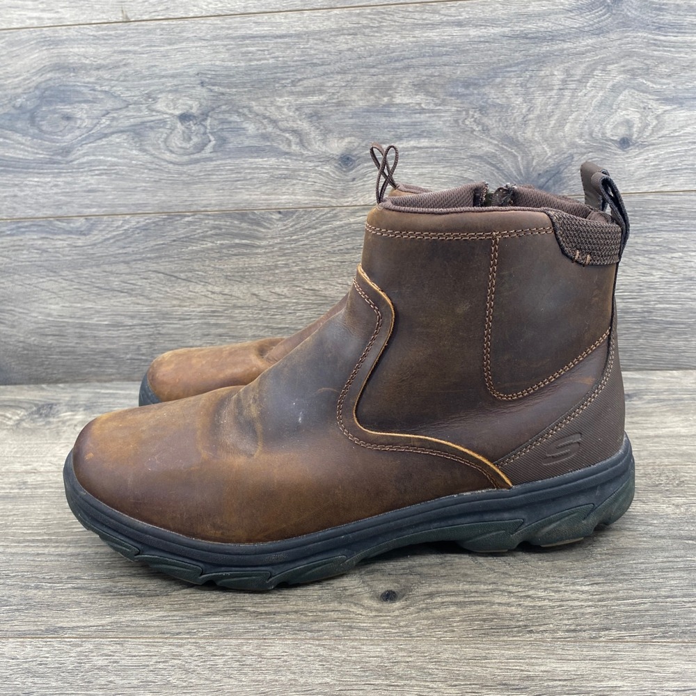 Skechers Relaxed Fit Ankle Boots Mens 13 Brown Leather Side Zip 64839